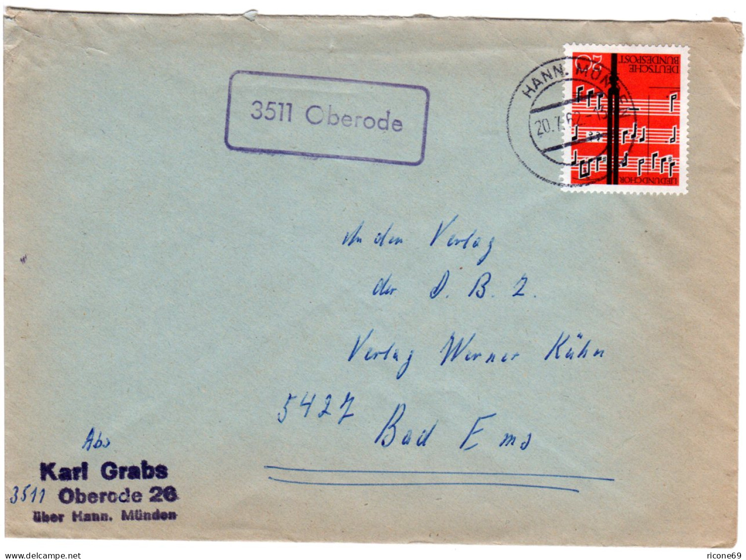 BRD 1962, Landpost Stpl. 3511 OBERODE Auf Brief M. 20 Pf. Lied Und Musik - Collections