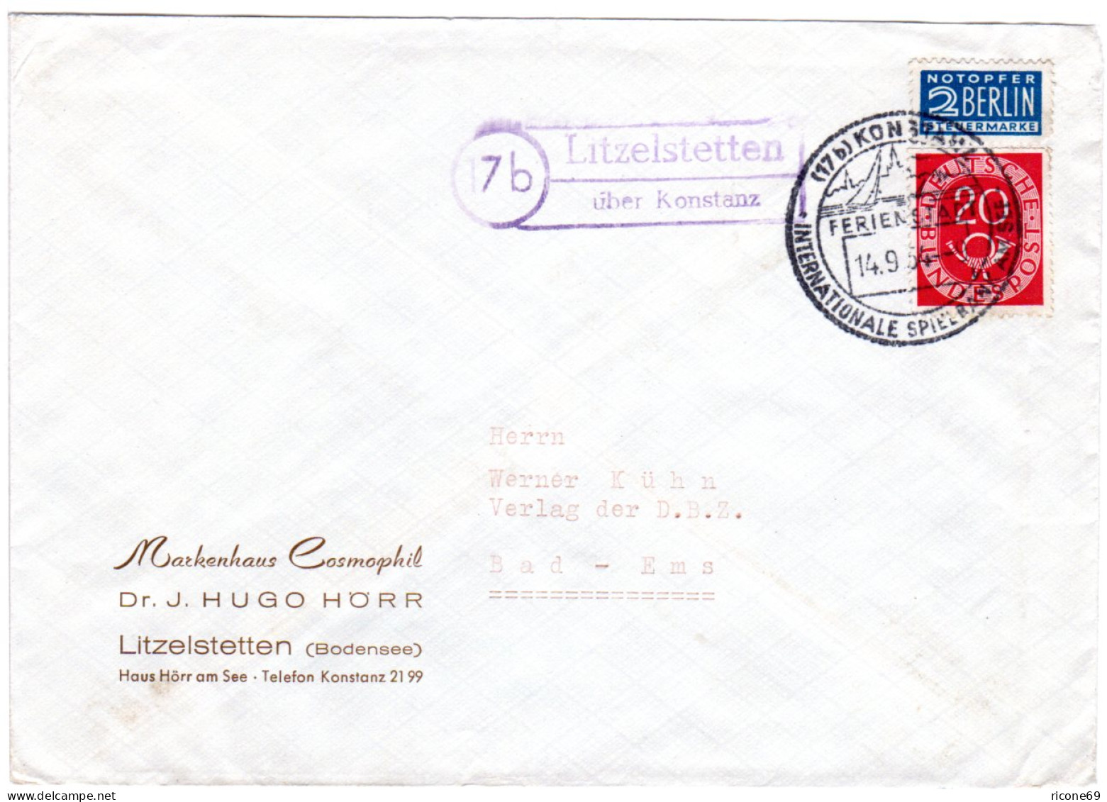 BRD 1954, Landpost Stpl. 17b LITZELSTETTEN über Konstanz Auf Brief M. 20 Pf.  - Sammlungen
