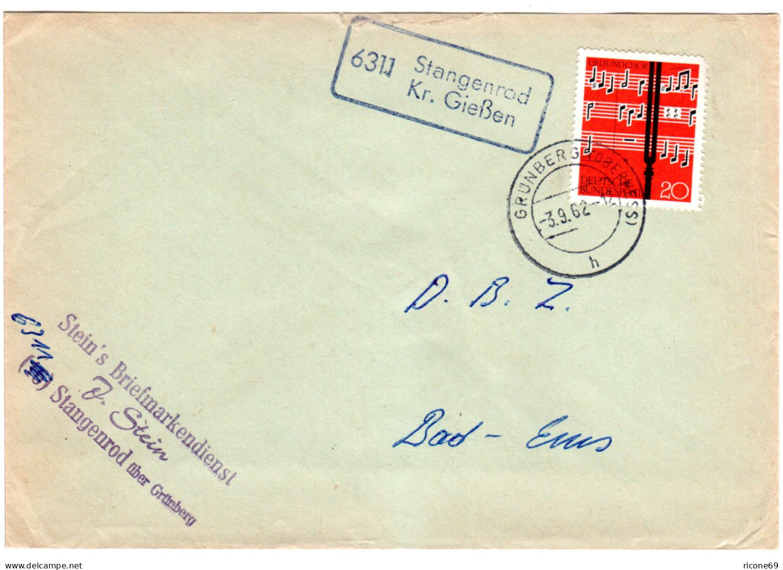 BRD 1962, Landpost Stpl. 6311 STANGENROD Kr. Gießen Auf Brief M. 20 Pf.  - Collections