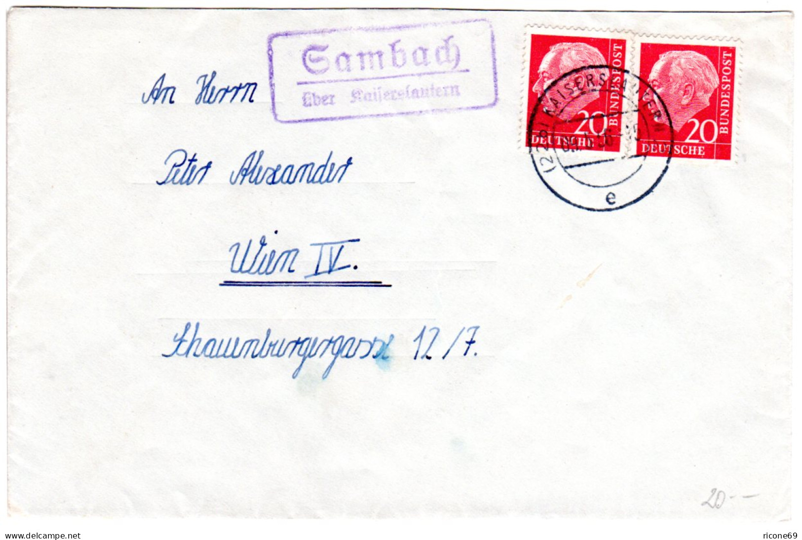 BRD 1956, Landpost Stpl. SAMBACH über Kaiserslautern Auf Brief M. 2x20 Pf. - Sammlungen