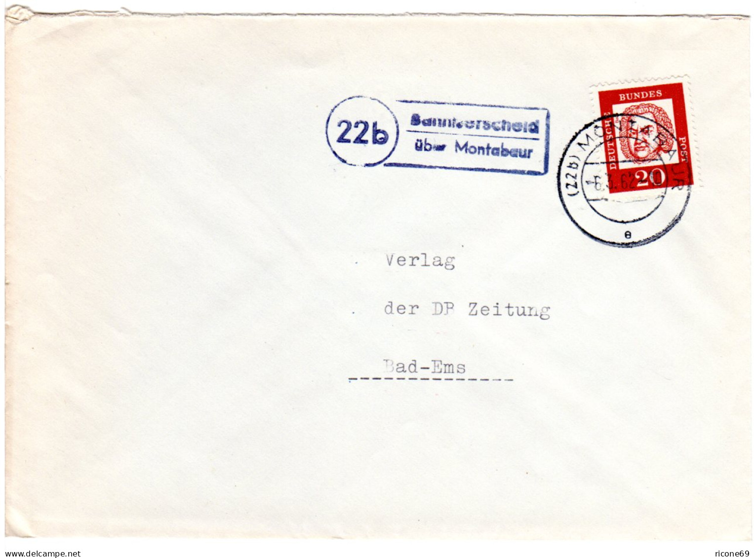 BRD 1962, Landpost Stpl. 22b BANNBERSCHEID über Montabaur Auf Brief M. 20 Pf. - Collections