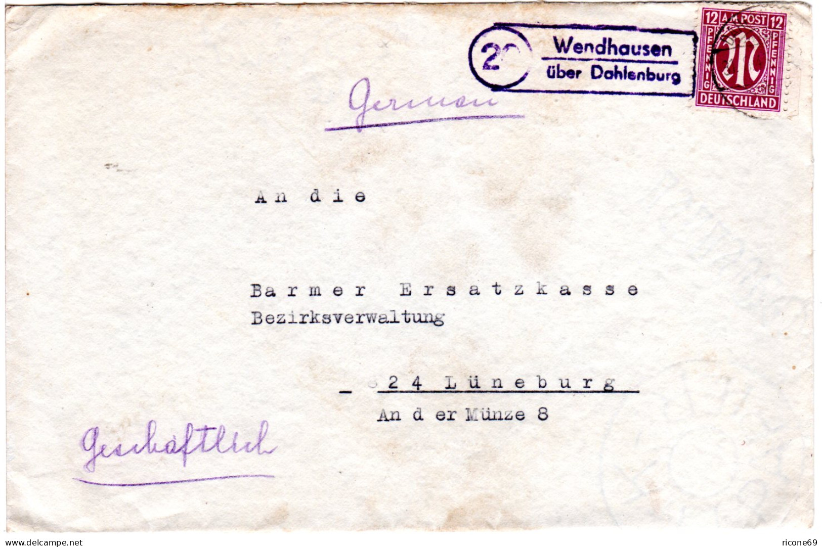 1945, Landpost Stpl. WENDHAUSEN über Dahlenburg Auf Brief M. 12 Pf.  - Brieven En Documenten