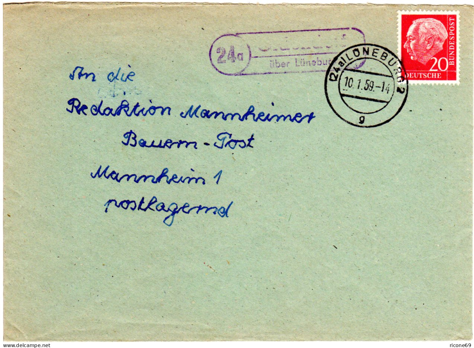 BRD 1959, Landpost Stpl. 24a OLDENDORF über Lüneburg Auf Brief M. 20 Pf. - Collections