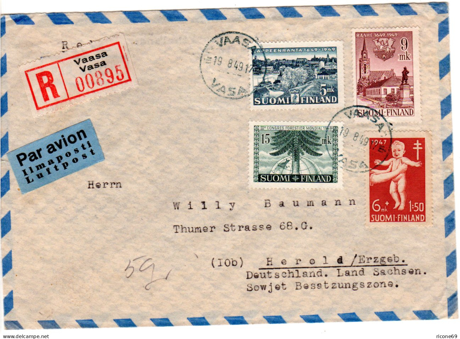 Finnland 1949, 4 Marken Auf Einschreiben Luftpost Brief V. Vaasa N. Deutschland - Sonstige & Ohne Zuordnung