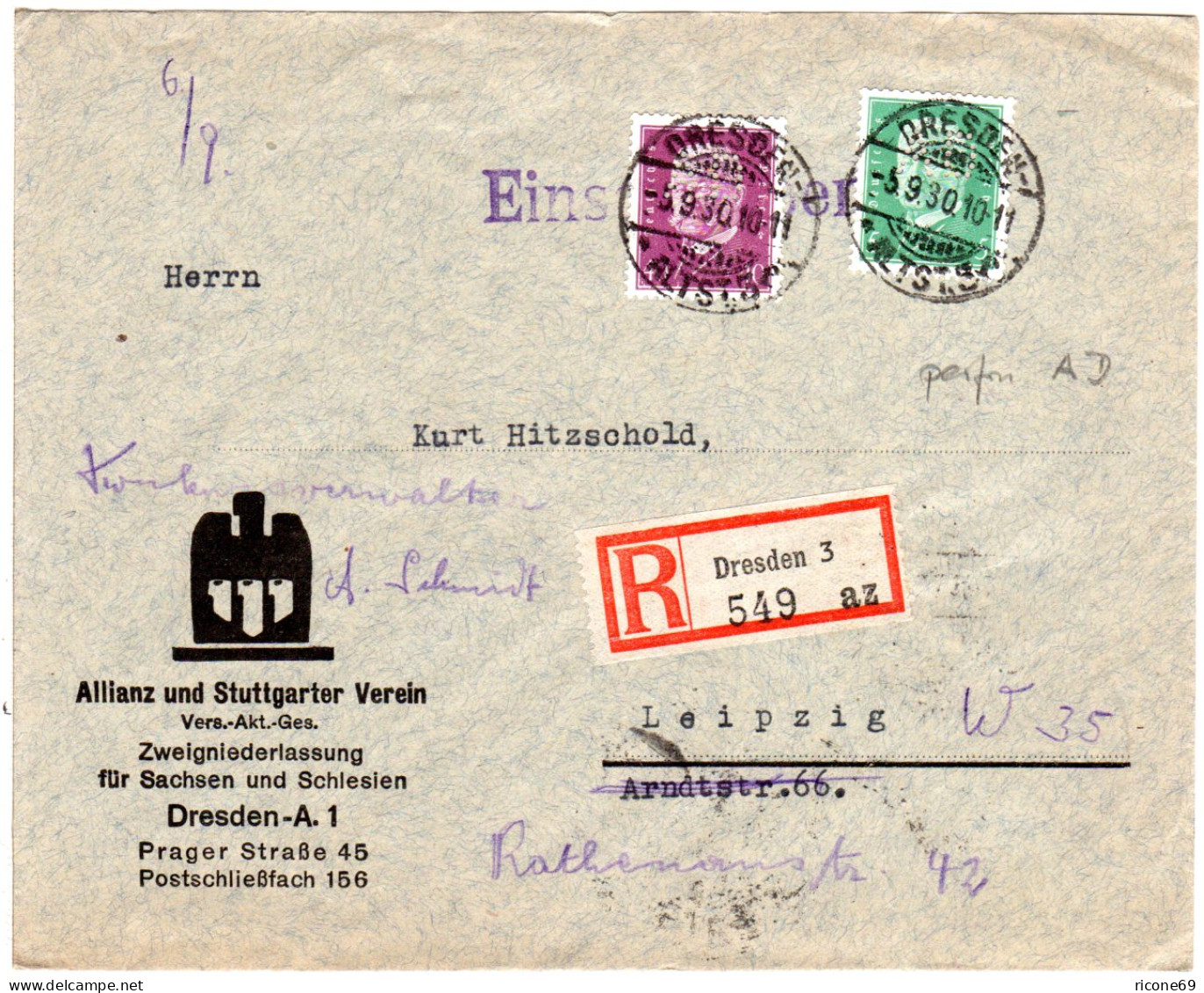 DR 1930, 5+40 Pf. M. Firmenlochung Auf Einschreiben Brief V. Dresden - Lettres & Documents