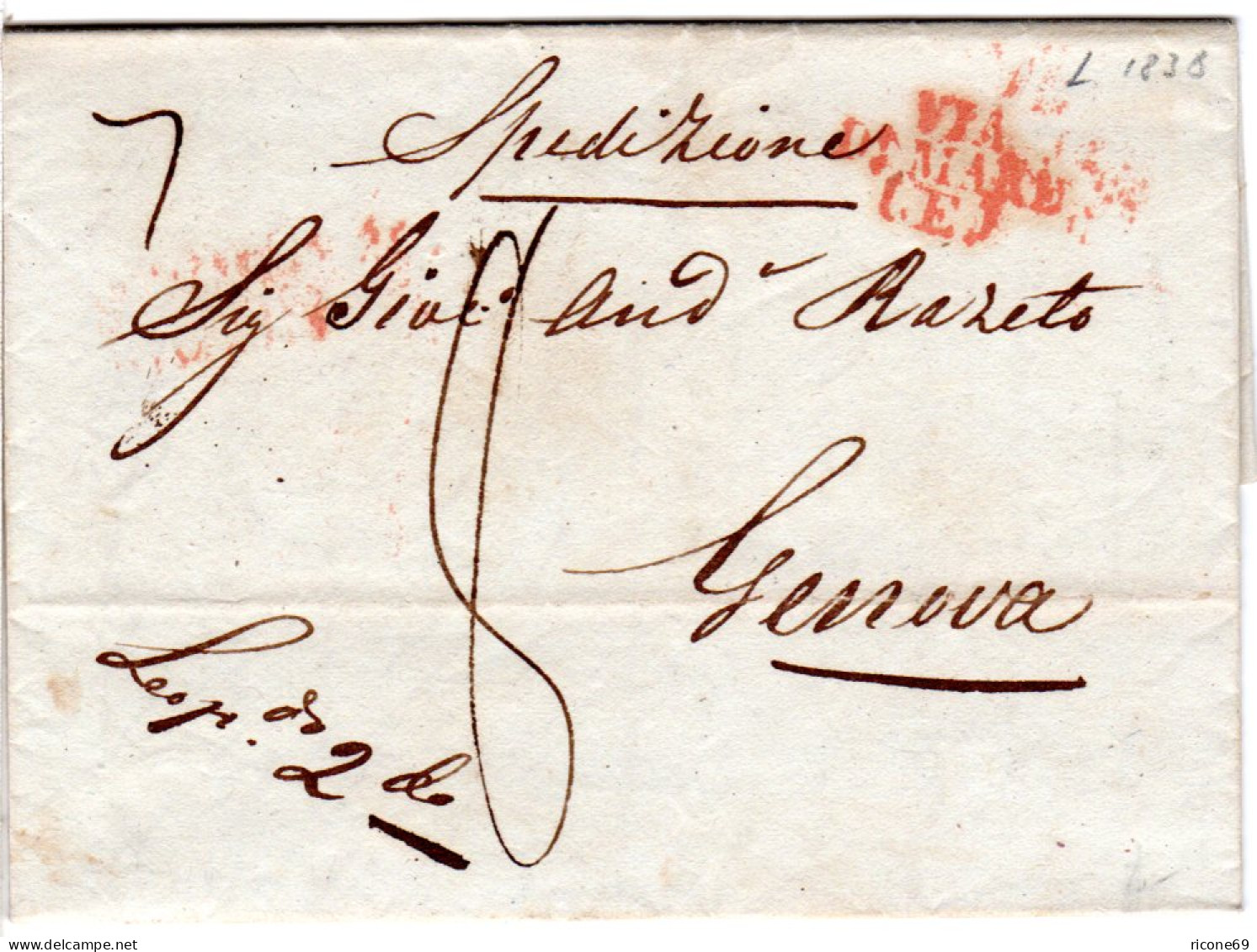 Italien Toscana 1838, Roter L3 VIA DI MARE (E) Auf Brief V. Livorno N. Genova - Ohne Zuordnung