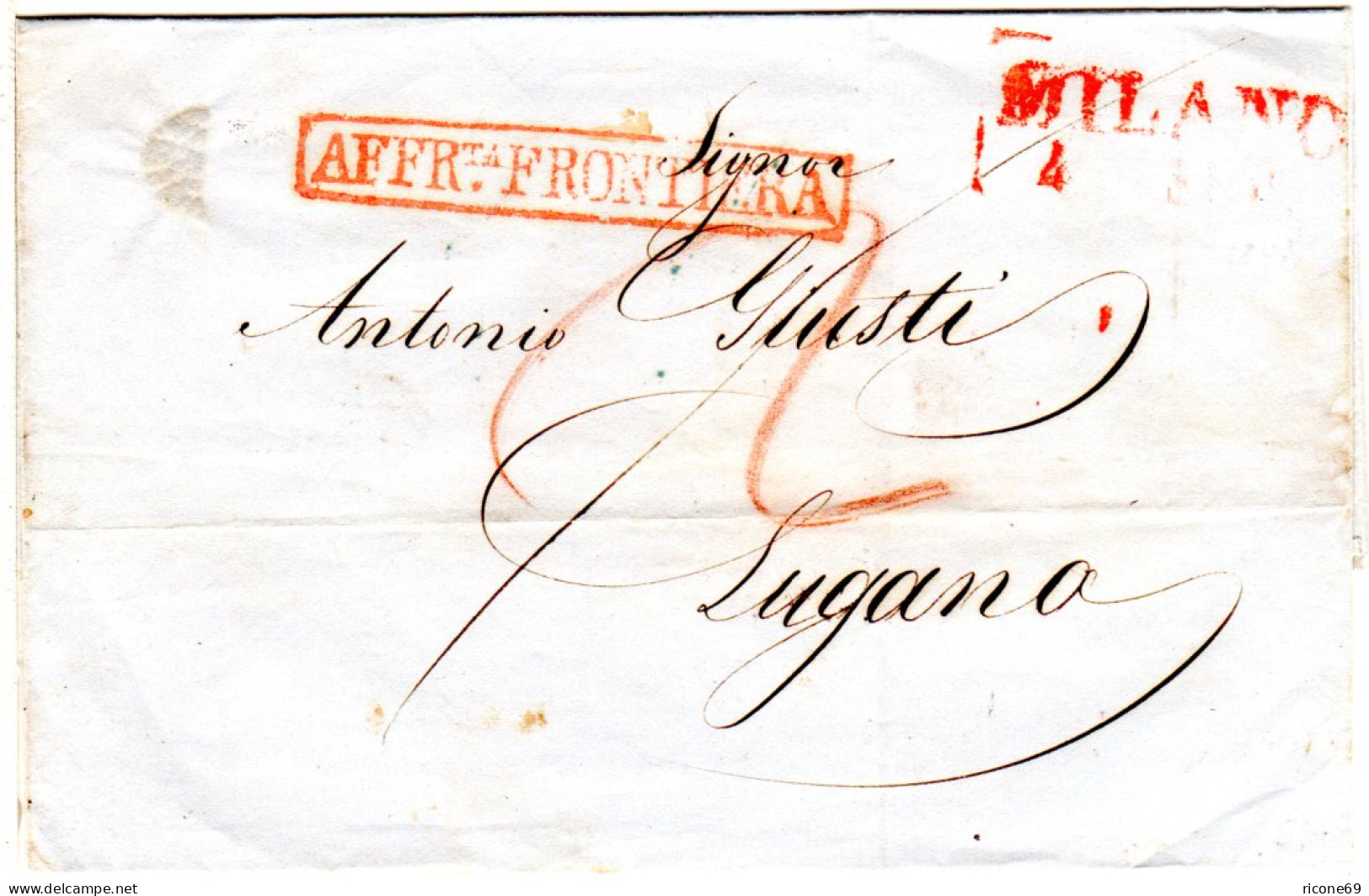 Lombardei 1847, Roter R2 MILANO U. AFFRta.FRONTIERA Auf Brief N. Lugano Schweiz - Non Classés