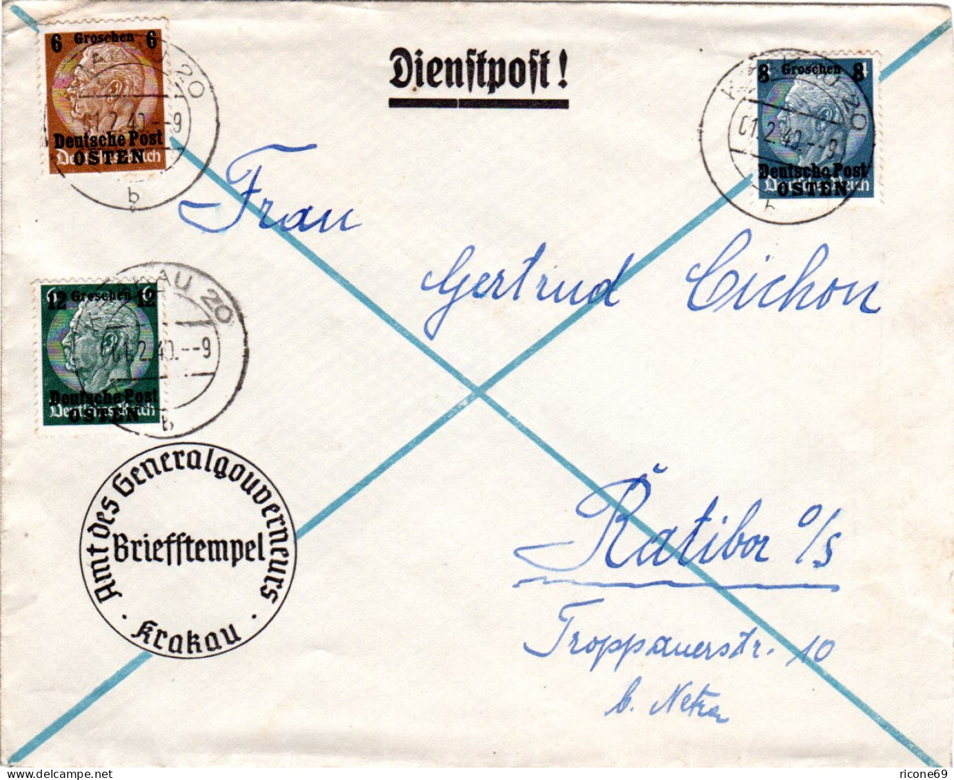 Generalgouvernement 1940, 3 Marken Auf Dienstpost Brief V. Krakau 20 - Occupation 1938-45