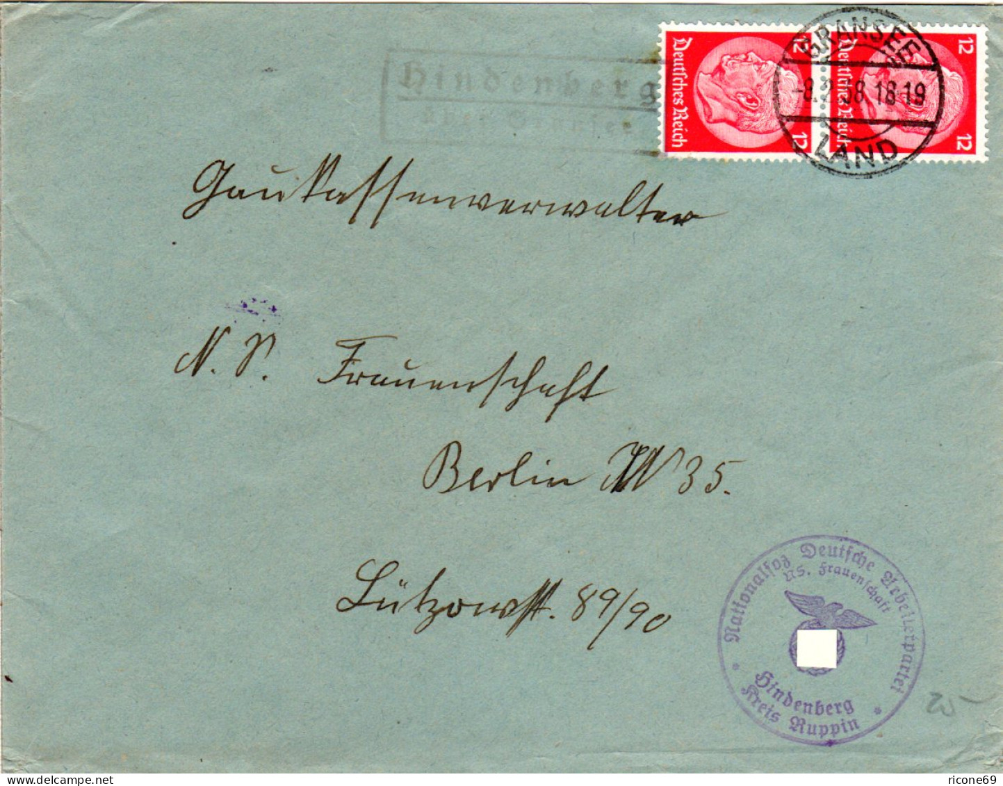 DR 1938, Landpost Stempel HINDENBERG über Gransee Auf NS Frauenschaft Brief  - Cartas & Documentos