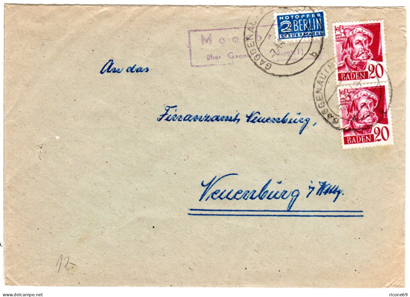 BRD 1949, Landpost Stpl. MOOSBRONN über Gaggenau Auf Karte M. 10 Pf. - Baden