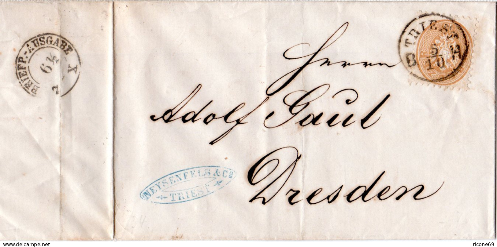 Österreich 1864, 15 Kr. Auf Brief V. TRIEST N. Dresden, Sachsen. - Lettres & Documents