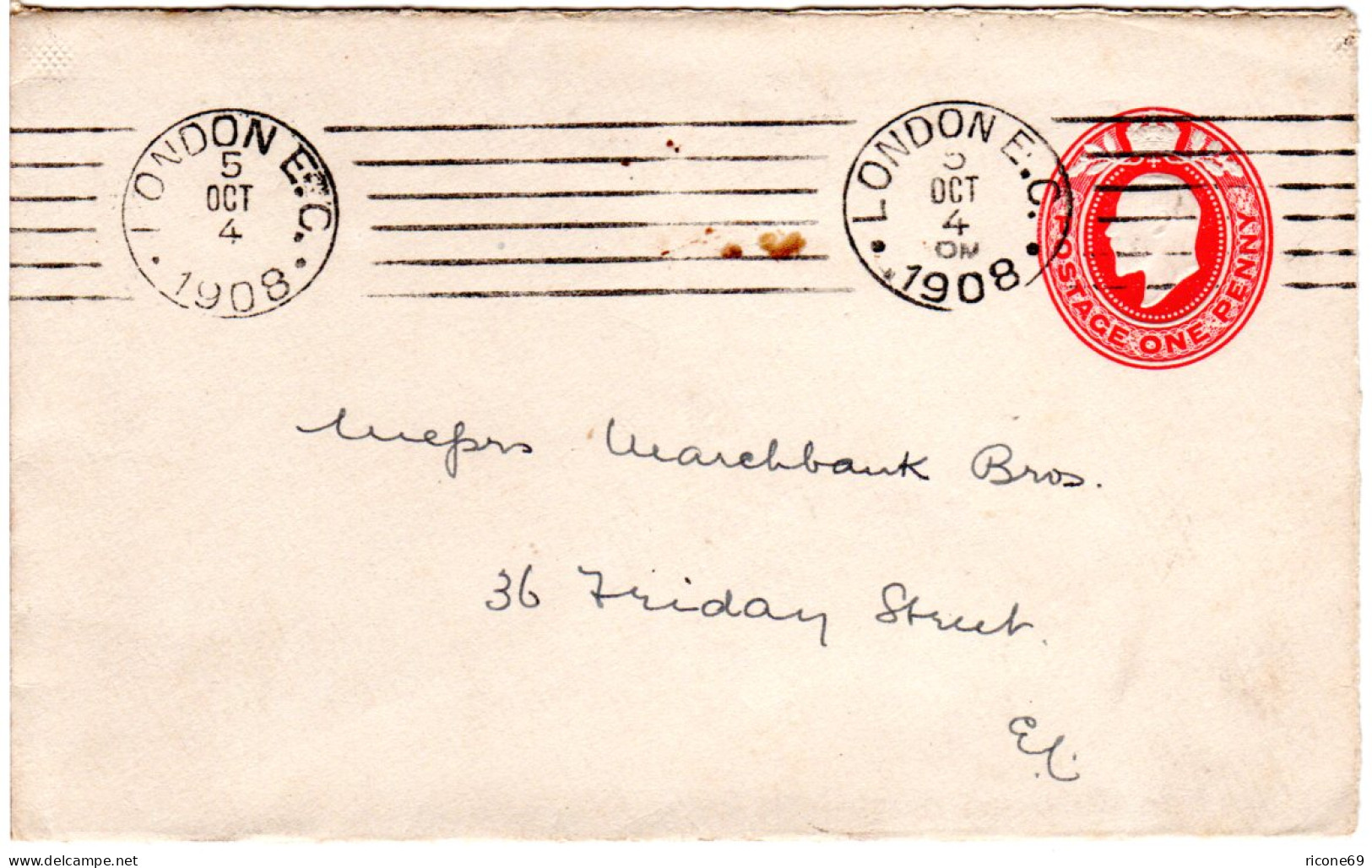 GB 1908, London E.C. Maschinenstempel Klar Auf 1d Ganzsache Brief - Andere & Zonder Classificatie