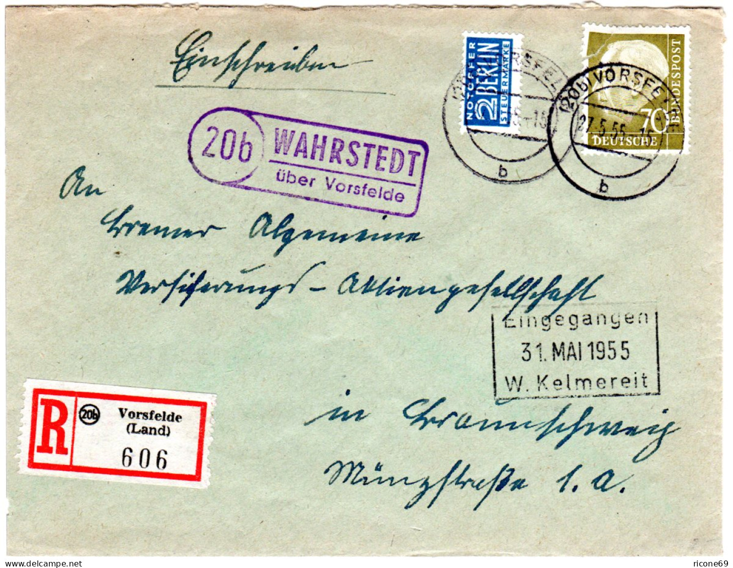 BRD 1955, Landpost Stpl. WAHRSTEDT über Vorsfelde Auf Reko Brief M. 70 Pf. - Colecciones