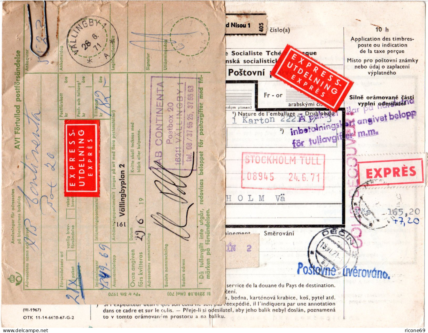 Tschechoslowakei 1971, Express Paketkarte V. Jablonec M. Schweden Postformular. - Brieven En Documenten