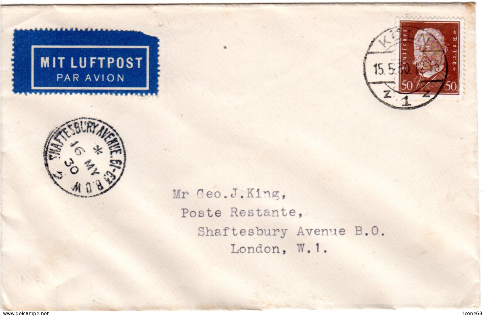 DR 1930, EF 50 Pf. Auf Luftpost Brief V. Köln N. GB - Briefe U. Dokumente