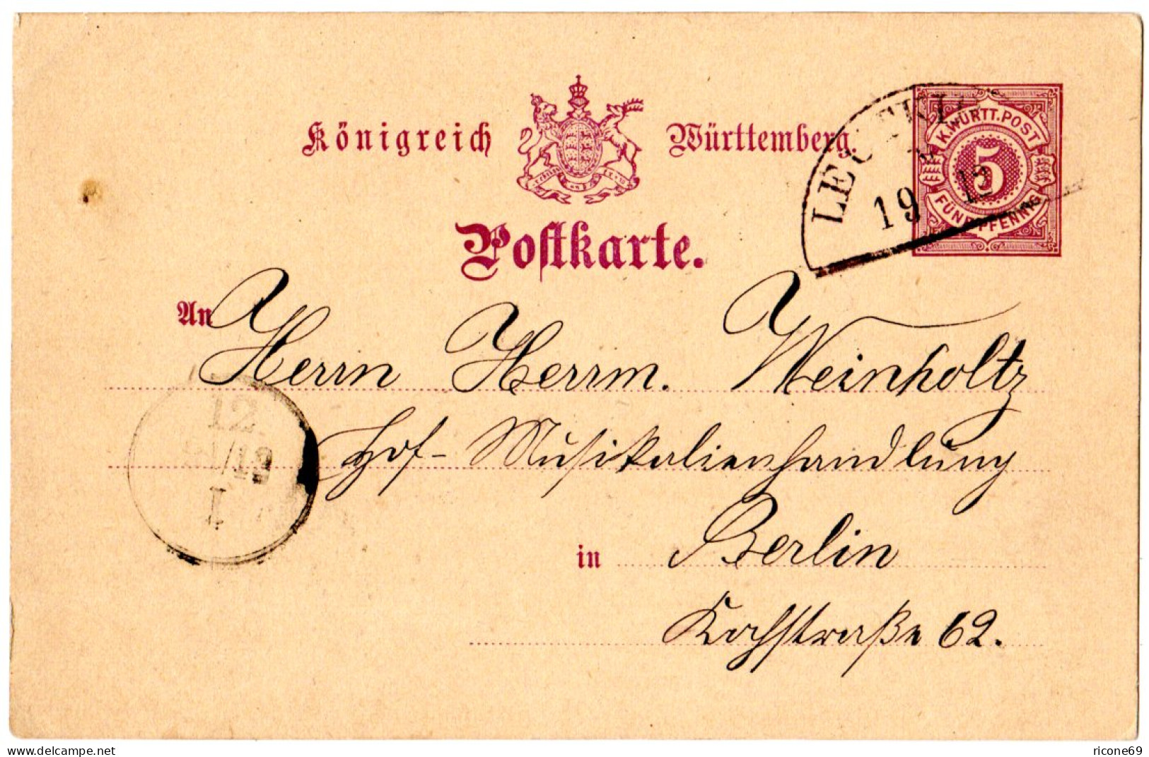 Württemberg 1886, Bahnstempel Leutkirch Auf 5 Pf. Ganzsache V. Gebrazhofen - Covers & Documents