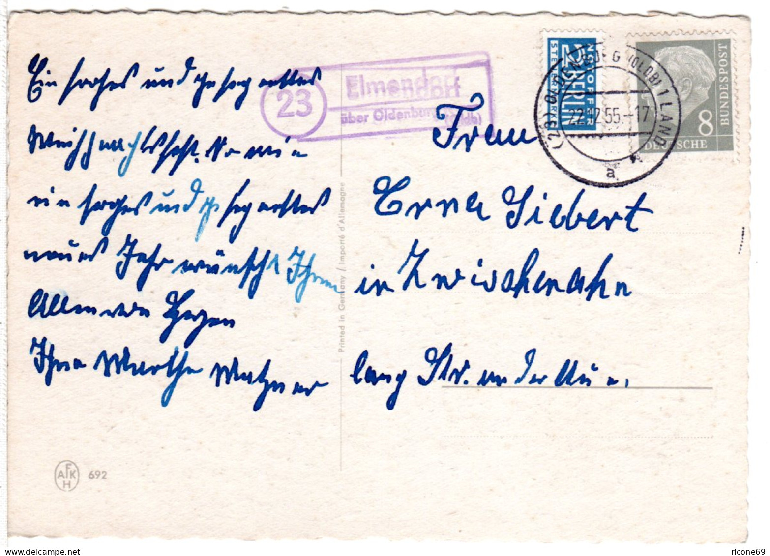 BRD 1955, Landpost Stpl. 23 ELMENDORF über Oldenburg Auf Karte M. 8 Pf. Heuss. - Lettres & Documents
