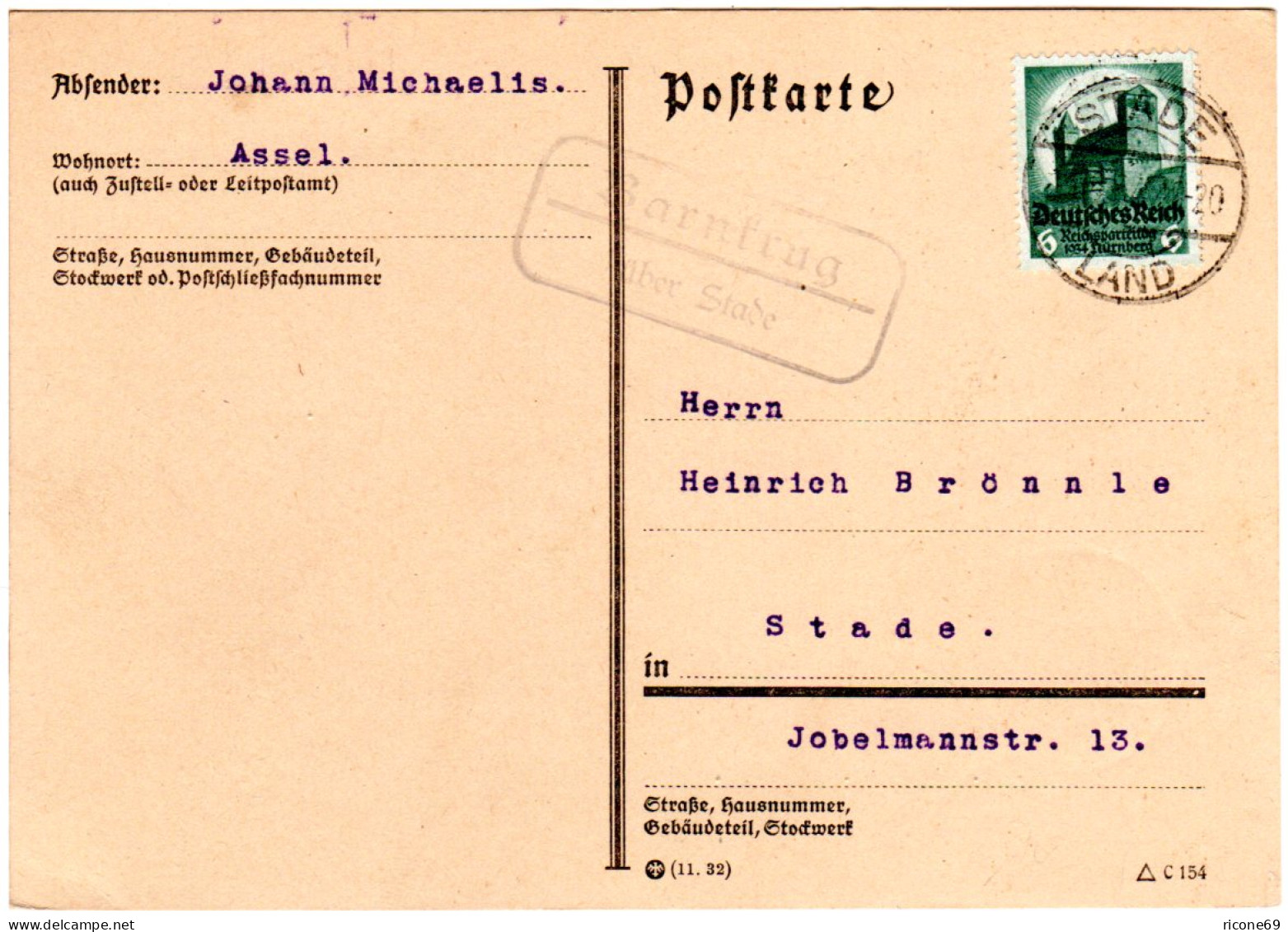 DR 1934, Landpost Stpl. BARNKRUG über Stade Auf Karte M. 6 Pf. - Lettres & Documents