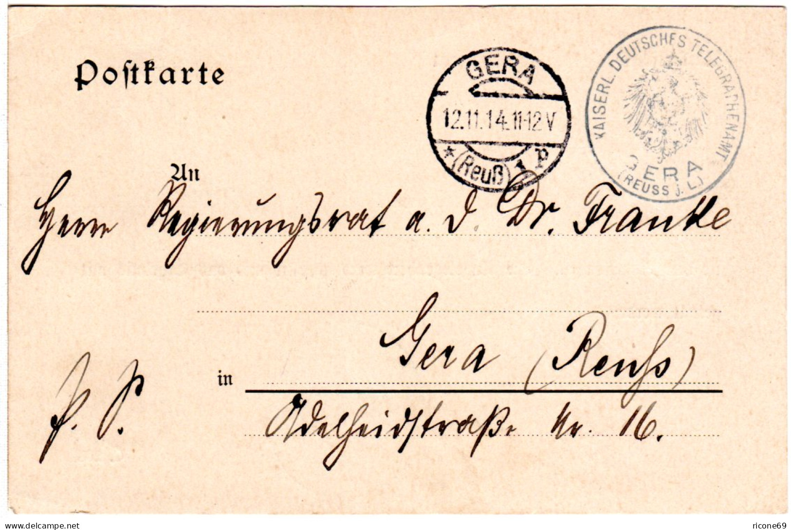 DR 1914, Portofreie Postsache D. Kaiserl. Dt. Telegraphenamt GERA - Lettres & Documents