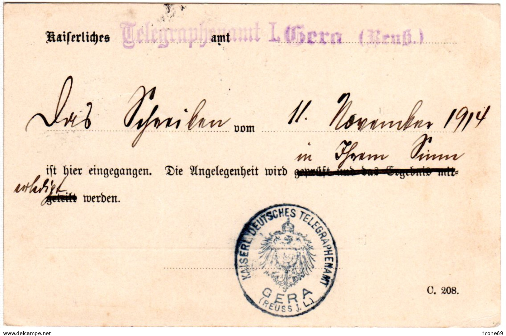 DR 1914, Portofreie Postsache D. Kaiserl. Dt. Telegraphenamt GERA - Lettres & Documents
