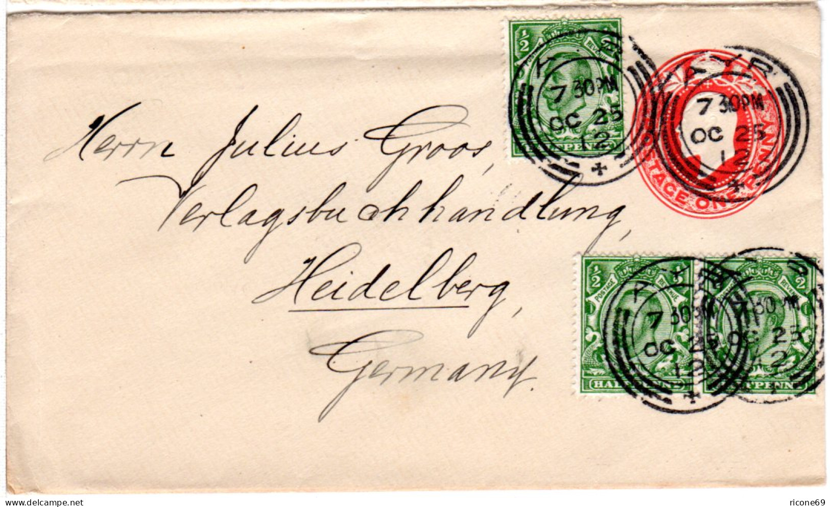GB 1912, 3x1/2d Zusatzfr. Auf 1d Ganzsache Brief V. AYR N.Deutschland - Sonstige & Ohne Zuordnung