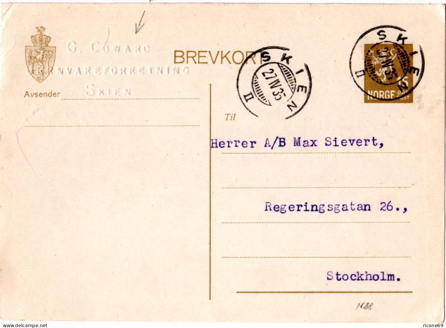 Norwegen 1935, 15 öre Ganzsache V. Skien N. Schweden M. Firmenprägung G. Coward - Cartas & Documentos