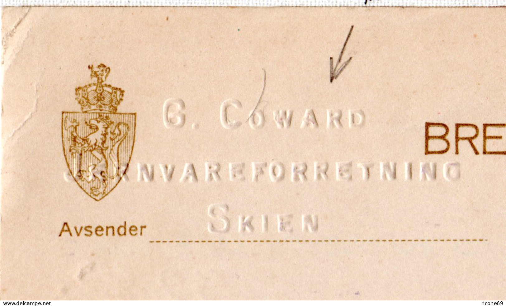 Norwegen 1935, 15 öre Ganzsache V. Skien N. Schweden M. Firmenprägung G. Coward - Brieven En Documenten