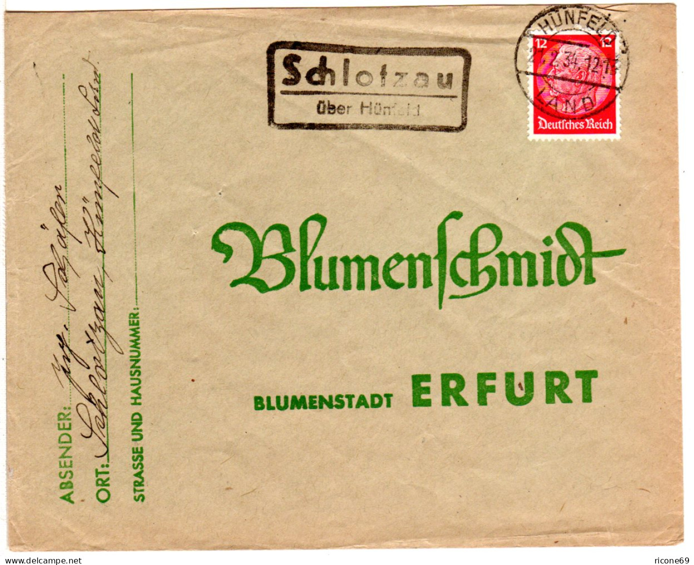 DR 1934, Landpost Stpl. SCHLOTZAU über Hünfeld Auf Brief M. 12 Pf.  - Lettres & Documents