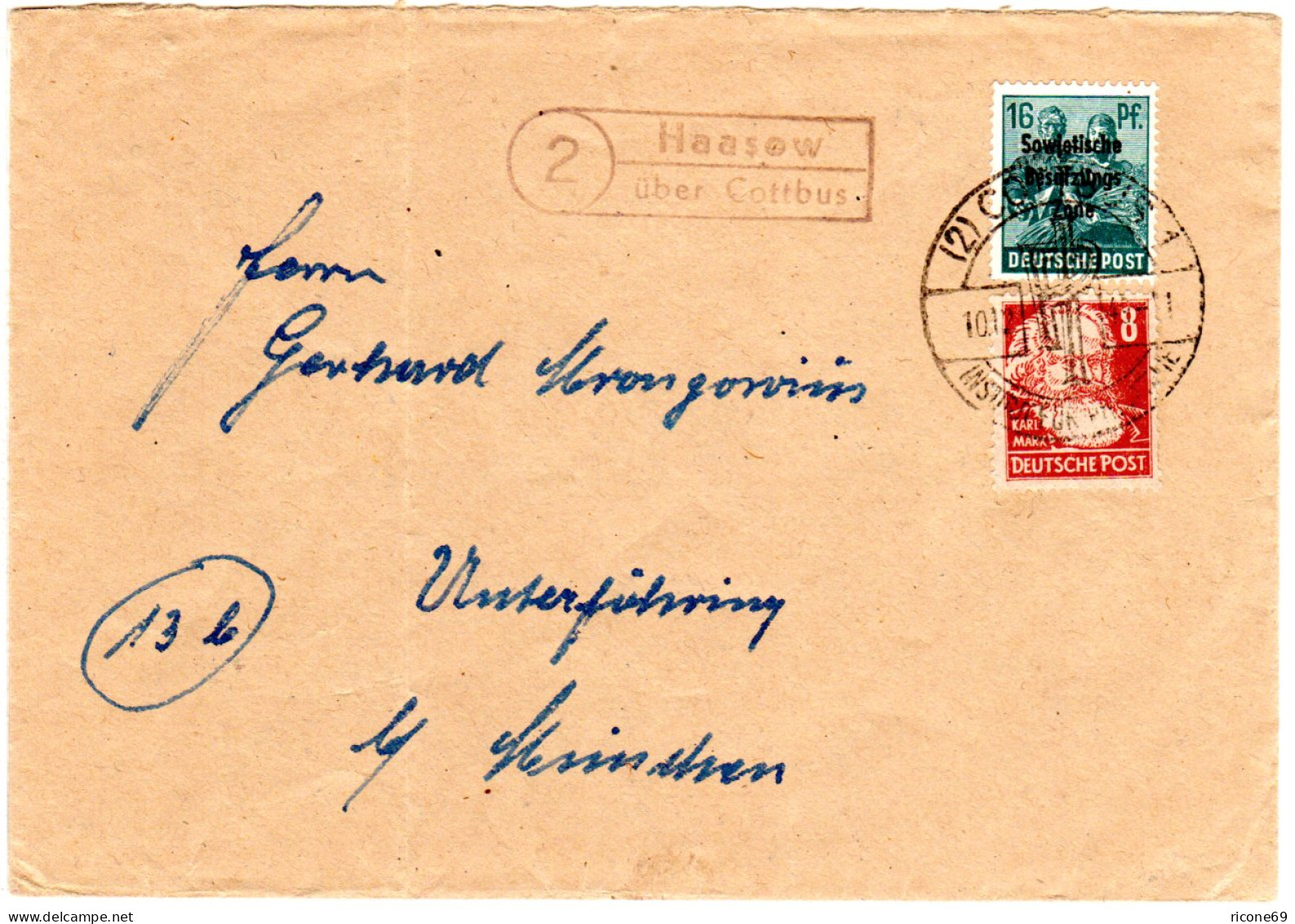 1949, Landpost Stpl. 2 HAASOW über Cottbus Auf Brief M. 8+16 Pf. SBZ - Cartas & Documentos