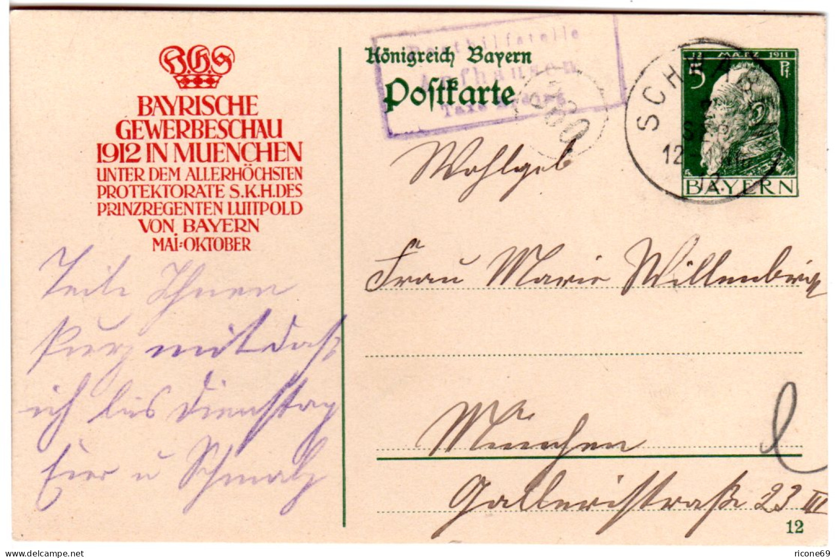 Bayern 1912, Posthilfstelle AUFHAUSEN Taxe Erding Auf 5 Pf. Ganzsache V Schwaben - Brieven En Documenten