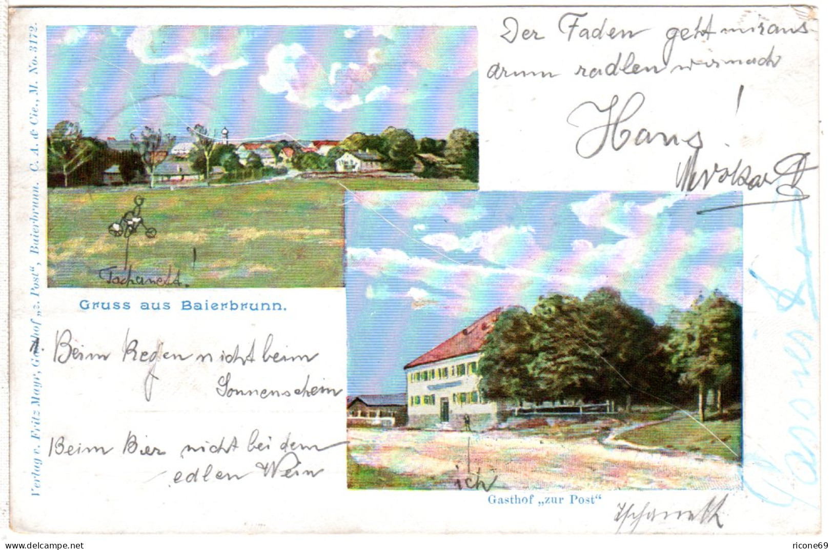 Gruss Aus Baierbrunn M. Gasthaus Zur Post, 1901 Gebr. Farb-AK - Andere & Zonder Classificatie