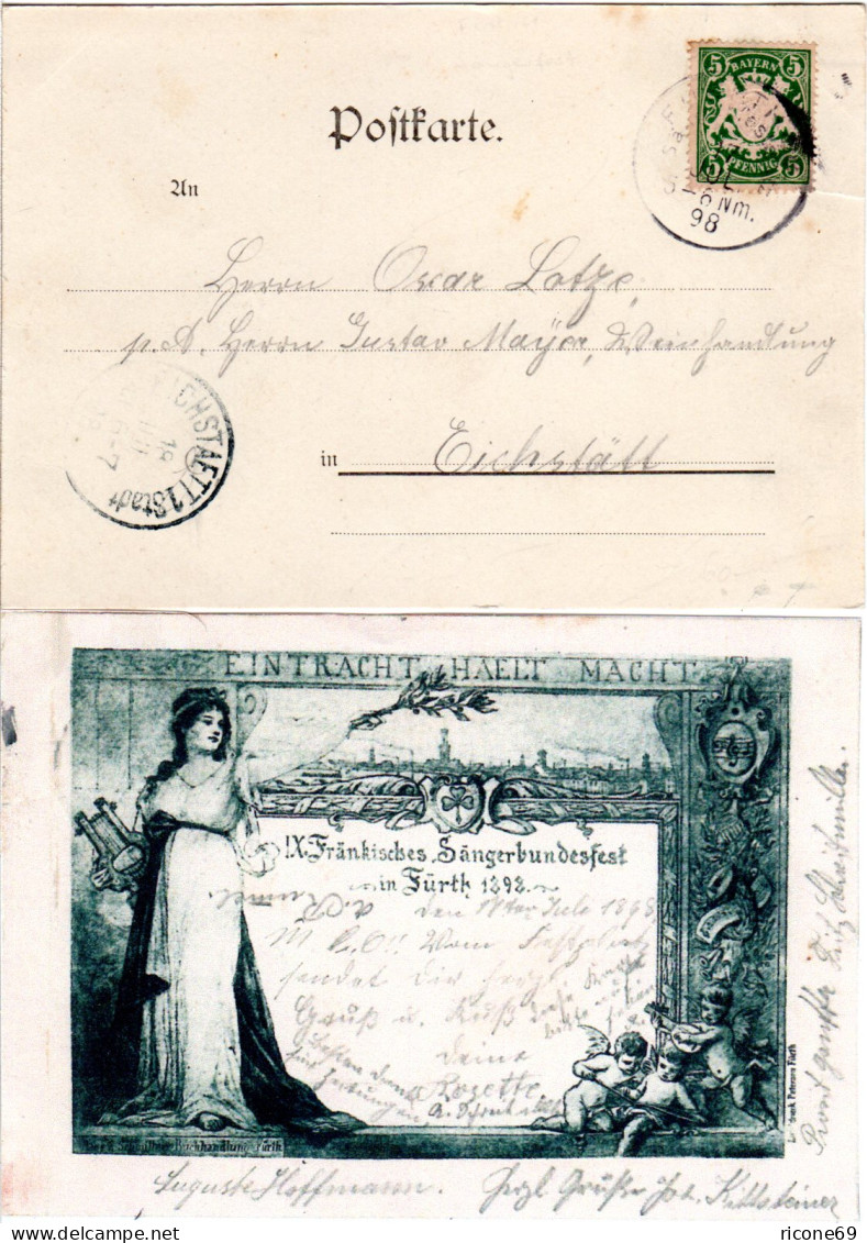 Bayern 1898, Sonderstempel Fürth Sängerfestplatz Auf Entsprechender AK M. 5 Pf. - Lettres & Documents