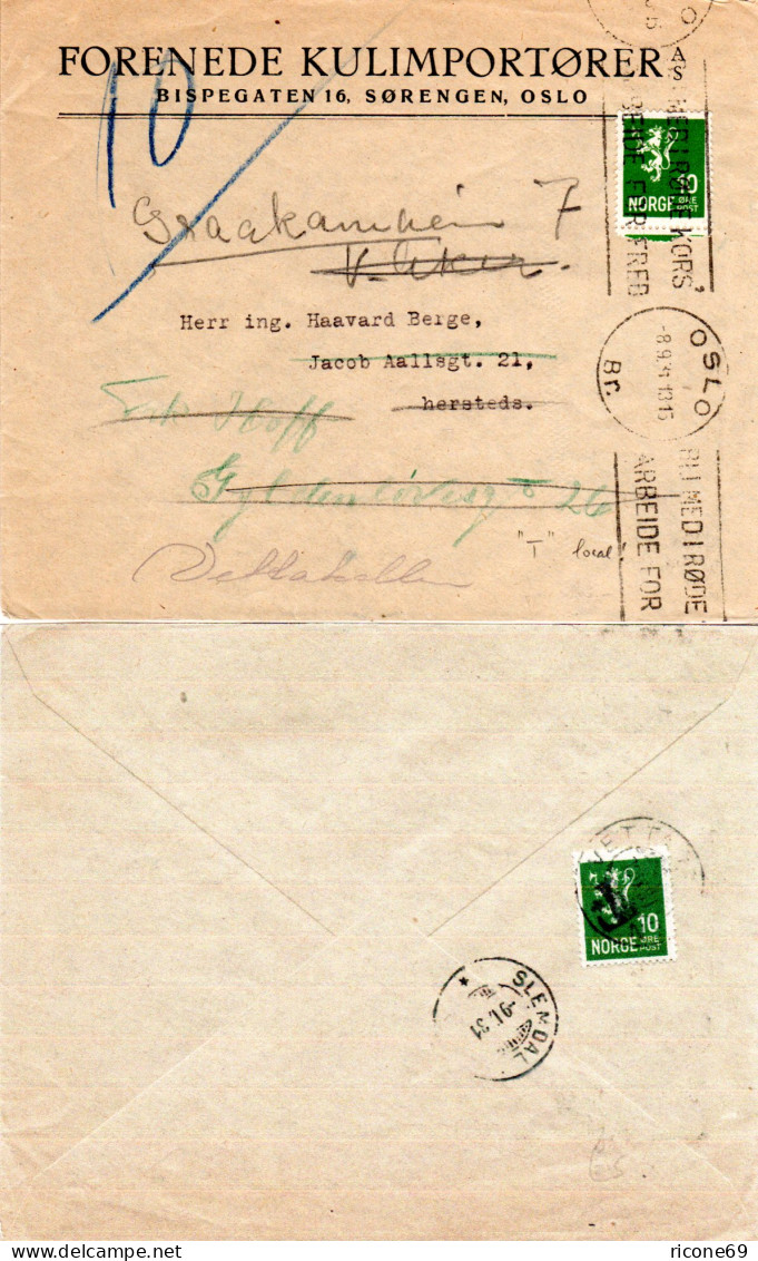 Norwegen 1931, Orts Brief M. Nachsendung V. Oslo M. Rücks. 10 öre Portomarke - Covers & Documents