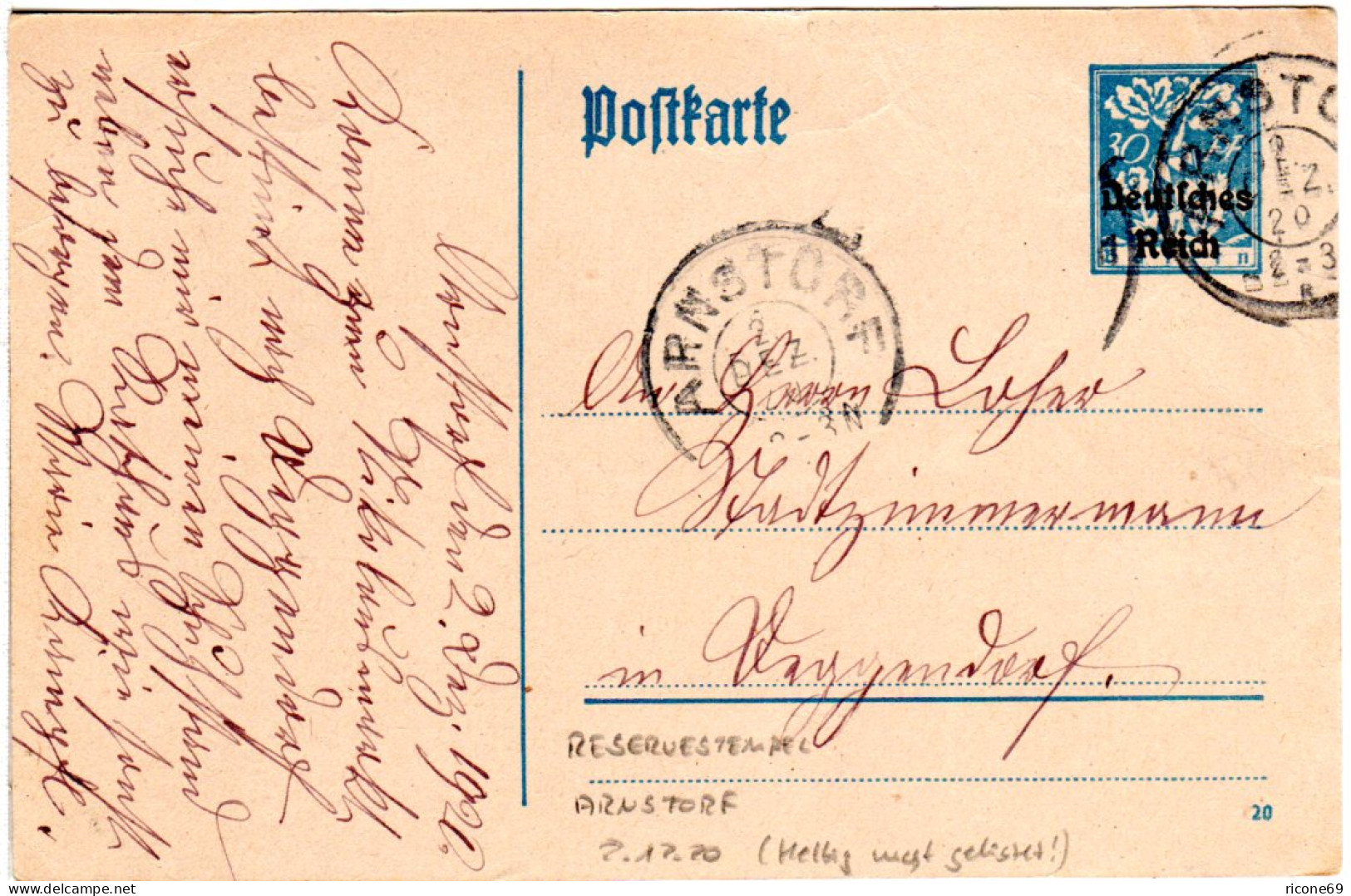 Bayern 1920, Reservestempel ARNSTORF R Auf DR 30 Pf. Bayern Abschied Ganzsache - Brieven En Documenten