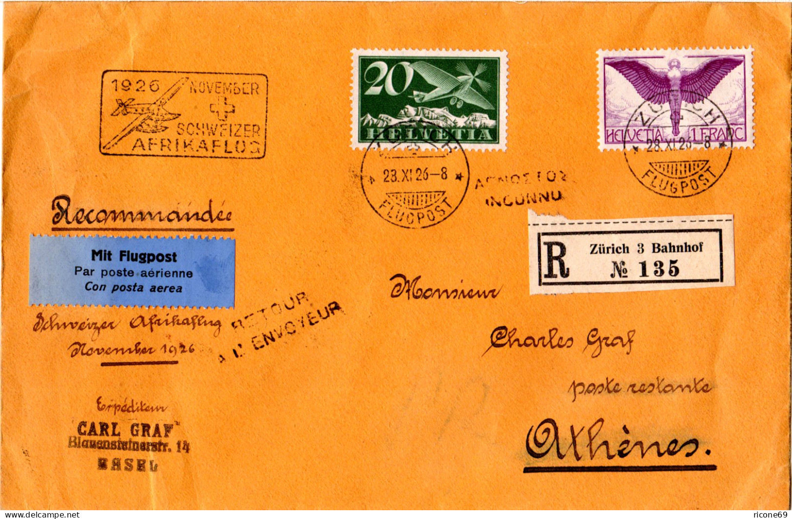 Schweiz 1926, 20 C.+1 Fr. Auf Afrika-Flug Reko Brief Etappe Zürich-Athen  - Briefe U. Dokumente
