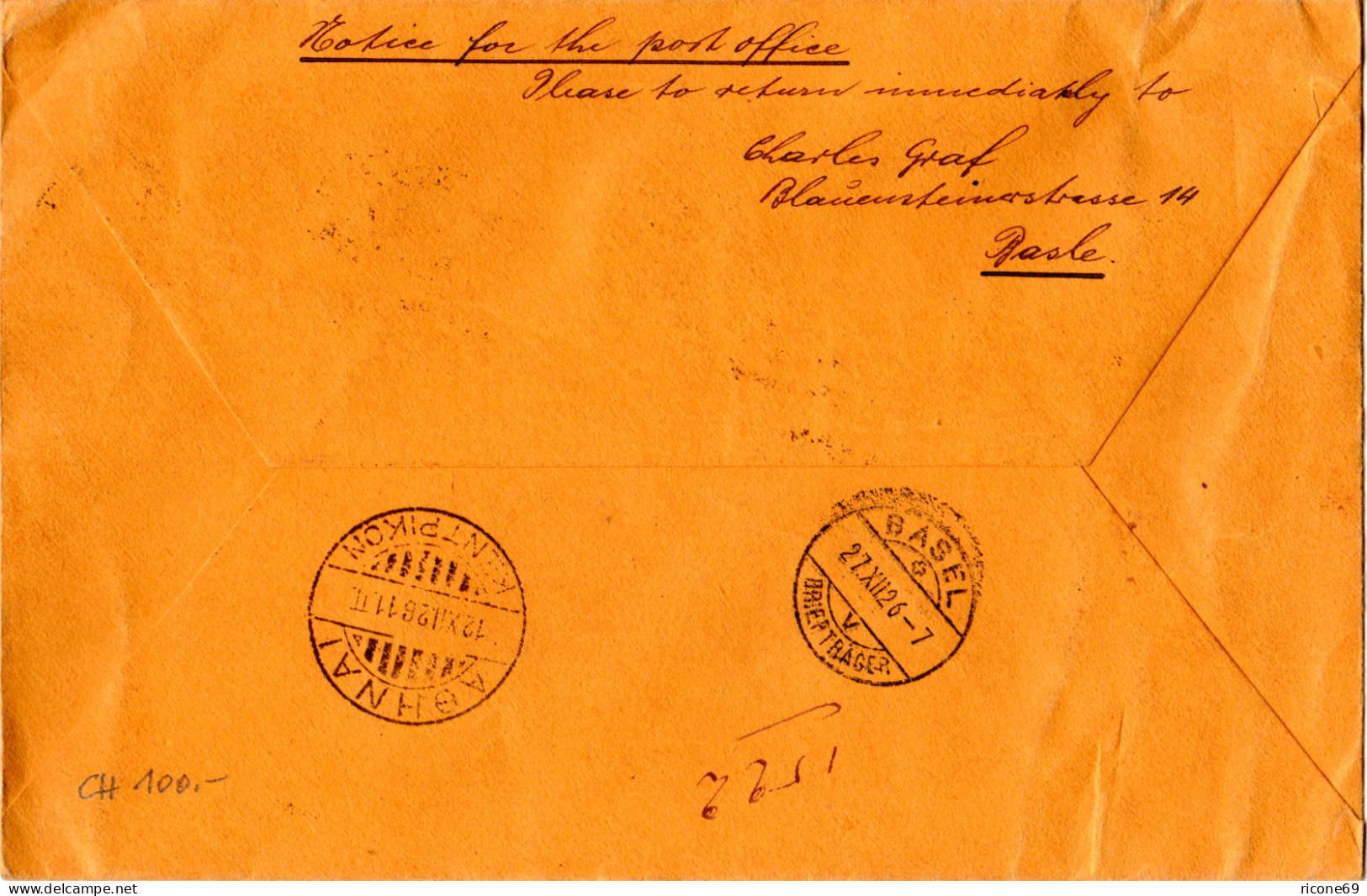 Schweiz 1926, 20 C.+1 Fr. Auf Afrika-Flug Reko Brief Etappe Zürich-Athen  - Storia Postale
