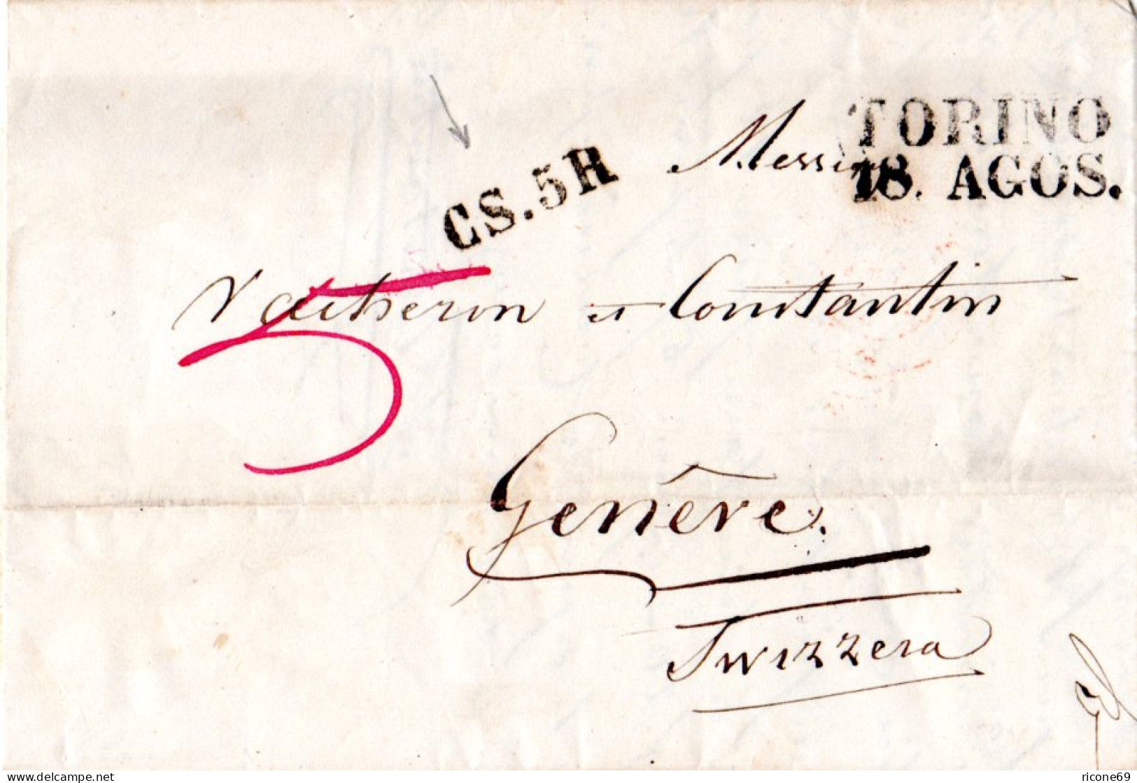 Italien, Sardinien 1847, L2 TORINO U. CS.5R  Auf Porto Brief I.d. Schweiz - Non Classés