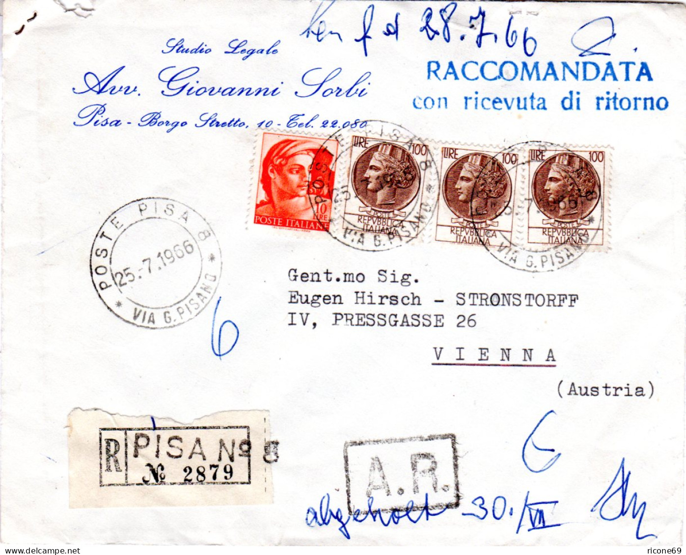 Italien 1966, 4 Marken Auf Reko-AR Brief V. Pisa N. Österreich - Zonder Classificatie