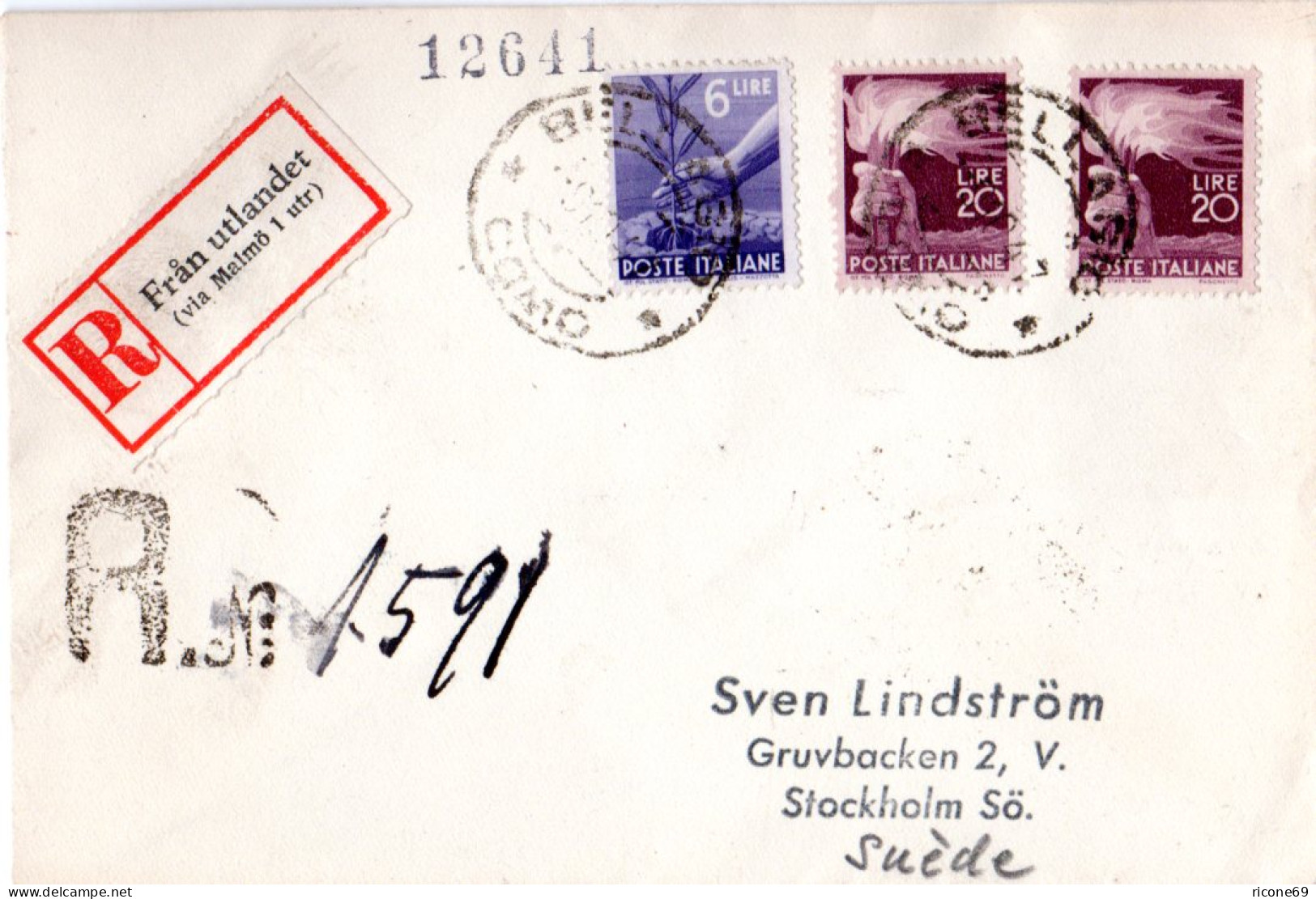 Italien 1947, 6+2x20 L. Auf Reko Drucksache Brief V. Bellagio Como N. Schweden - Zonder Classificatie
