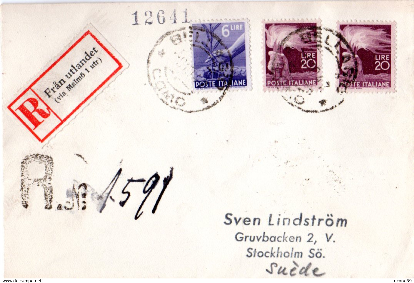 Italien 1947, 6+2x20 L. Auf Reko Drucksache Brief V. Bellagio Como N. Schweden - Unclassified