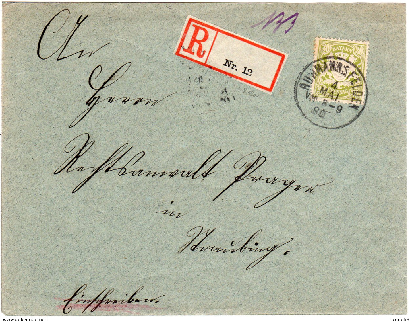 Bayern 1908, EF 30 Pf. Auf Einschreiben Brief V. K1 RUHMANNSFELDEN N. Straubing - Brieven En Documenten