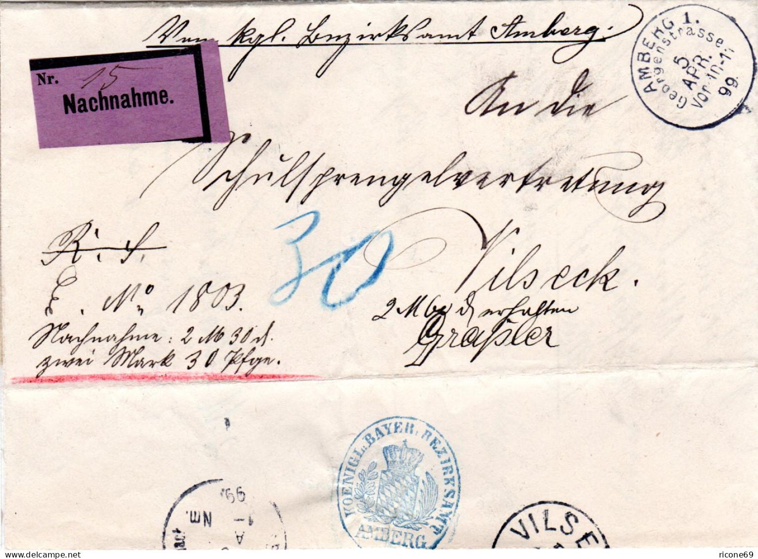 Bayern 1899, Nachnahme Brief V. AMBERG GEORGENGASSE N. Vilseck. - Covers & Documents