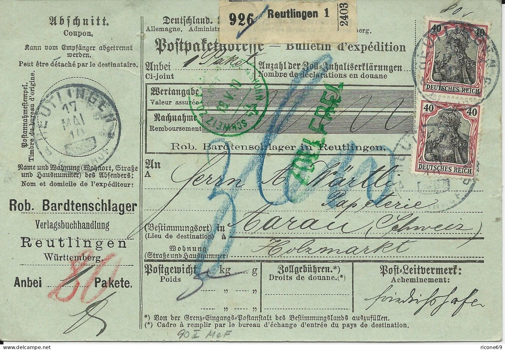 DR 1910, Paar 40 Pf. (90 I) Auf Firmen Paketkarte Reutlingen-Schweiz. #2954 - Covers & Documents