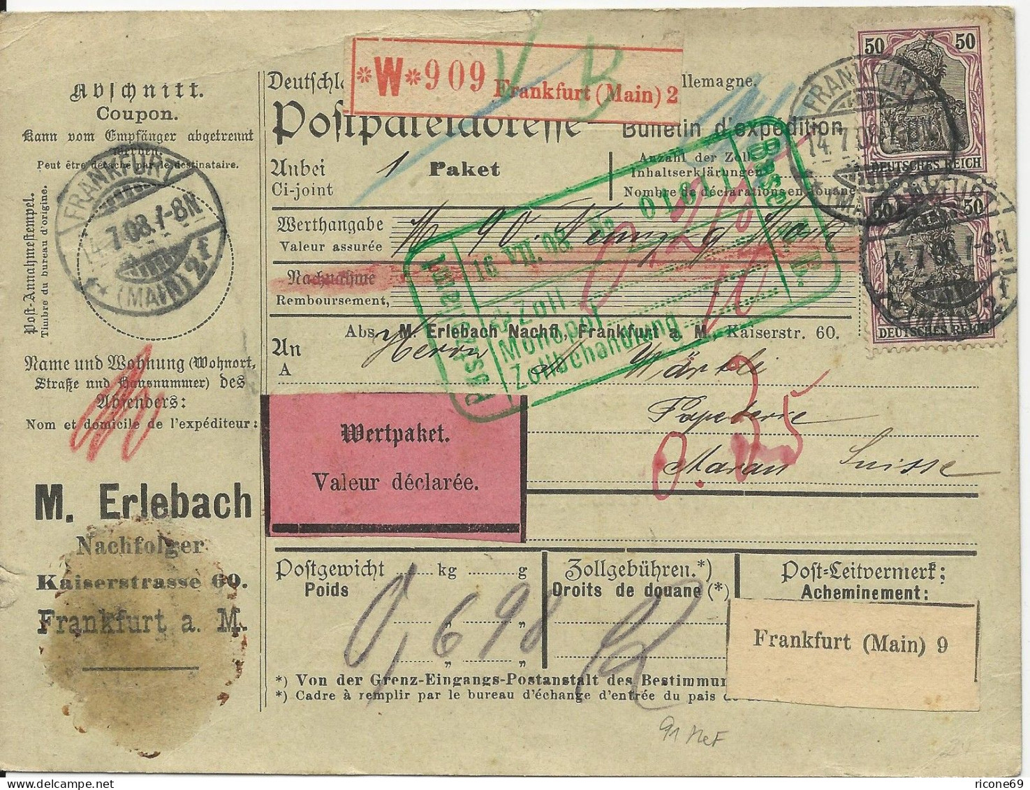 DR 1908, Paar 50 Pf. (91) Auf Firmen Wert Paketkarte Frankfurt-Schweiz. #2955 - Briefe U. Dokumente