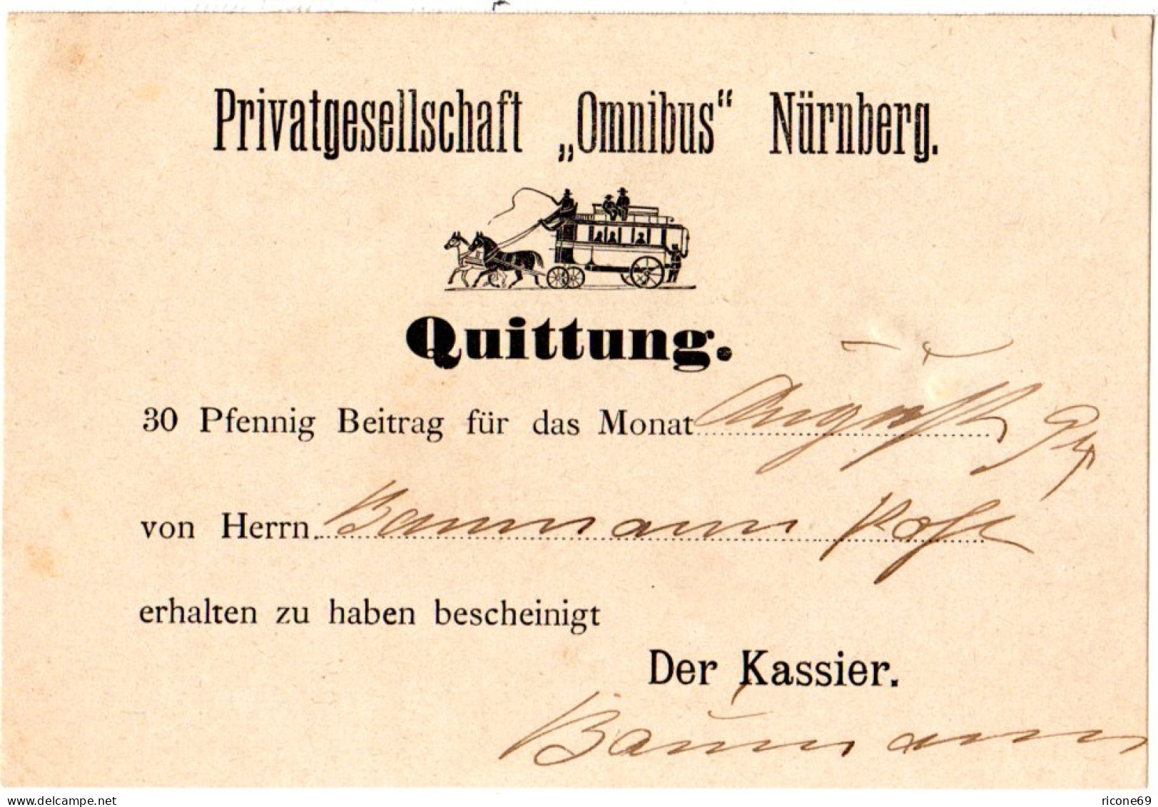 Bayern 1894, Privatgesellschaft "Omnibus" Nürnberg, Quittung M. Abb. Postkutsche - Lettres & Documents