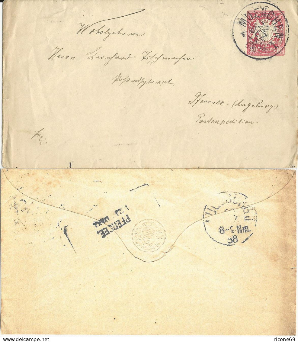 Bayern 1888, L2 Pfersee, Aushilfstpl. Rückseitig Auf 10 Pf. Ganzsache Brief  - Lettres & Documents