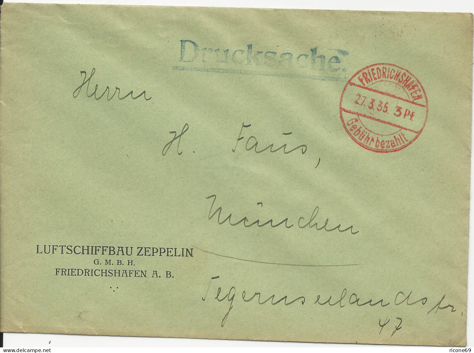 DR 1935, Zeppelin Brief Umschlag M. Friedrichshafen Gebühr Bezahlt Stpl. - Lettres & Documents