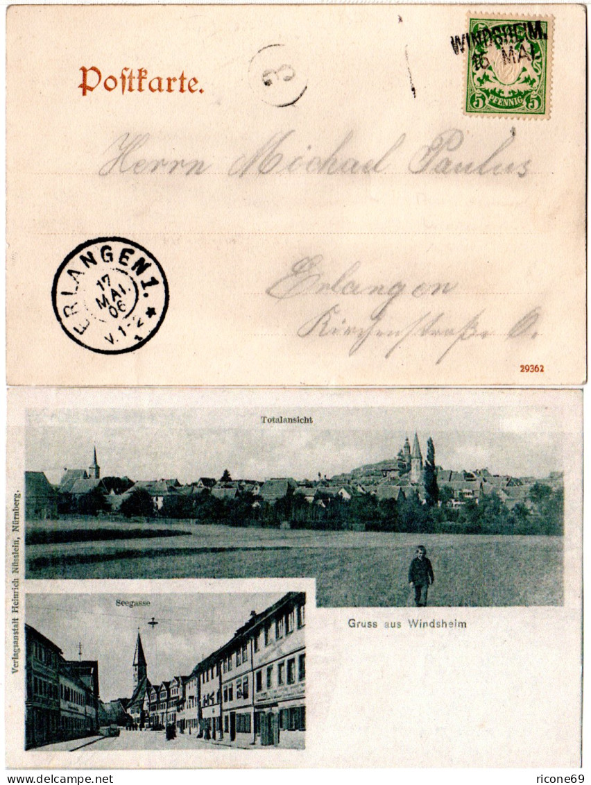 Bayern 1906, L2-Aushilfstpl. WINDSHEIM Auf Gruss Aus-AK M. 5 Pf. - Covers & Documents