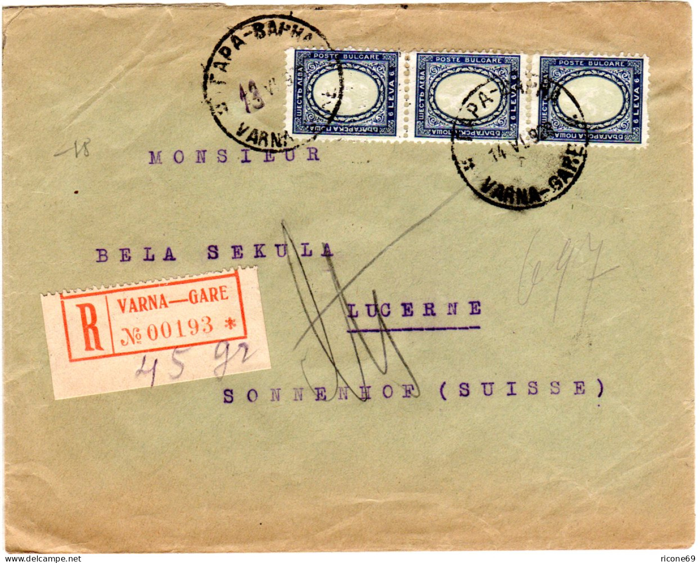 Bulgarien 1928, MeF 3x6 L. Auf Einschreiben Brief V. Varna I.d. Schweiz - Other & Unclassified