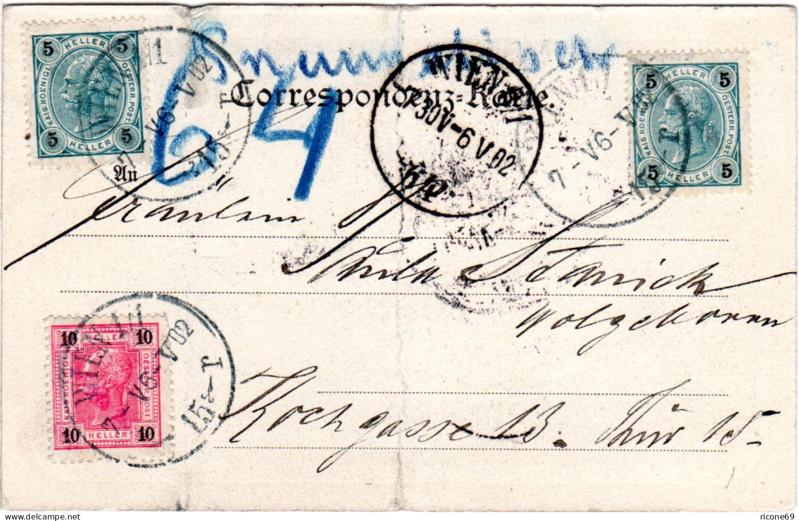 Österreich 1902, 5+5+10 H. Auf Rohrpost Karte V. Wien. - Covers & Documents